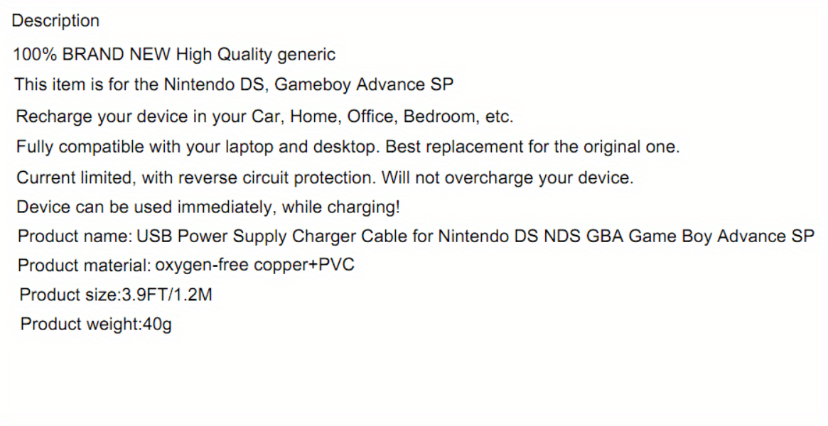 Kabl za punjenje preko USB napajanja za DS NDS GBA Game Boy Advance SP, USB kabl za punjenje za GBA SP sa bakrom bez kiseonika, USB kabl za punjenje za originalnu konzolu DS (NDS) / Gameboy Advance SP (GBA SP) USB napajanje punjač kabl 118.87cm.