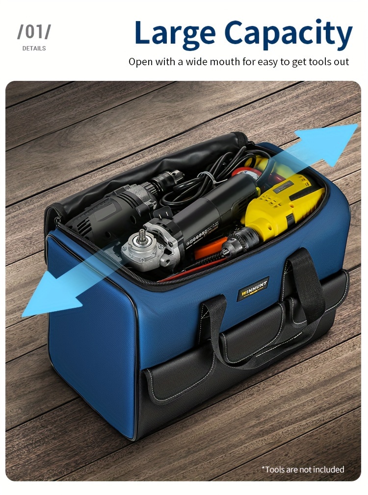 Izdržljiva torba za alat sa širokim otvorom - Dugotrajni poliester, više pregrada i džepova za skladištenje alata, nošenje i organizovanje, idealna za muškarce, bez potrebe za montažom