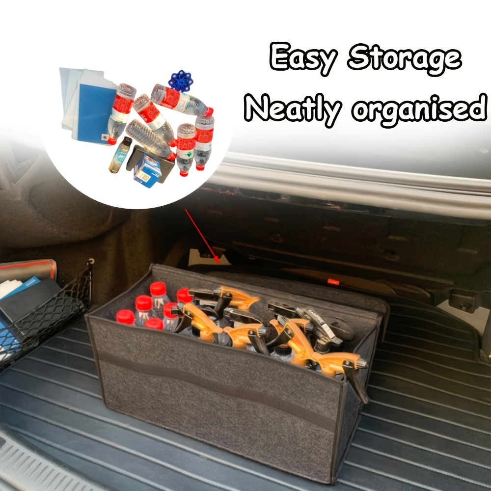 Jedan komad prostranog, sklopivog organizatora za gepek automobila, napravljen od čvrstog materijala, sa ojačanim ručkama za organizovanje unutrašnjosti vozila i skladištenja u gepeku.