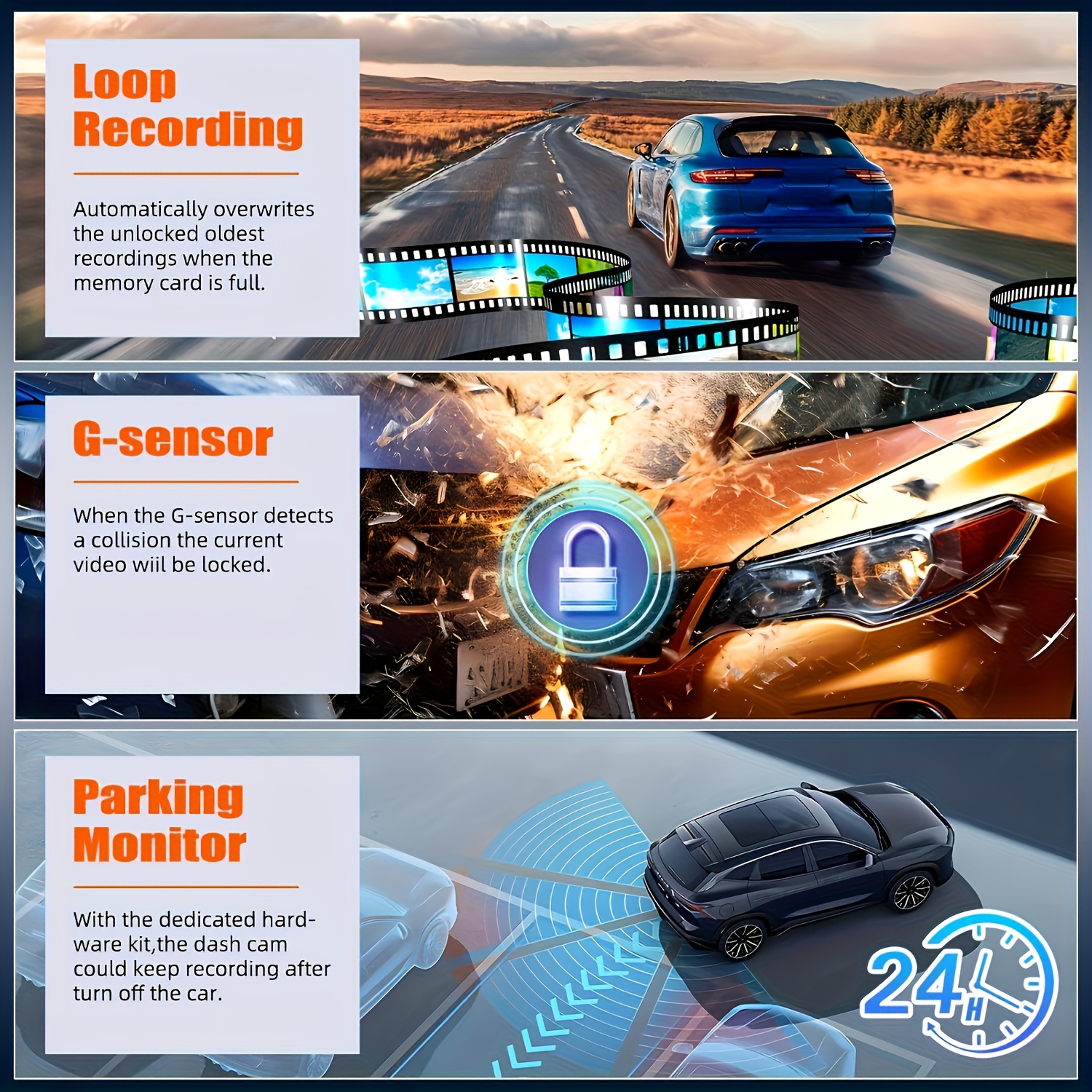 4,5-inčni HD auto kamera, dvostruki objektiv, 24-satno parkirno nadgledanje, detekcija pokreta, jednostavno upravljanje dugmadima