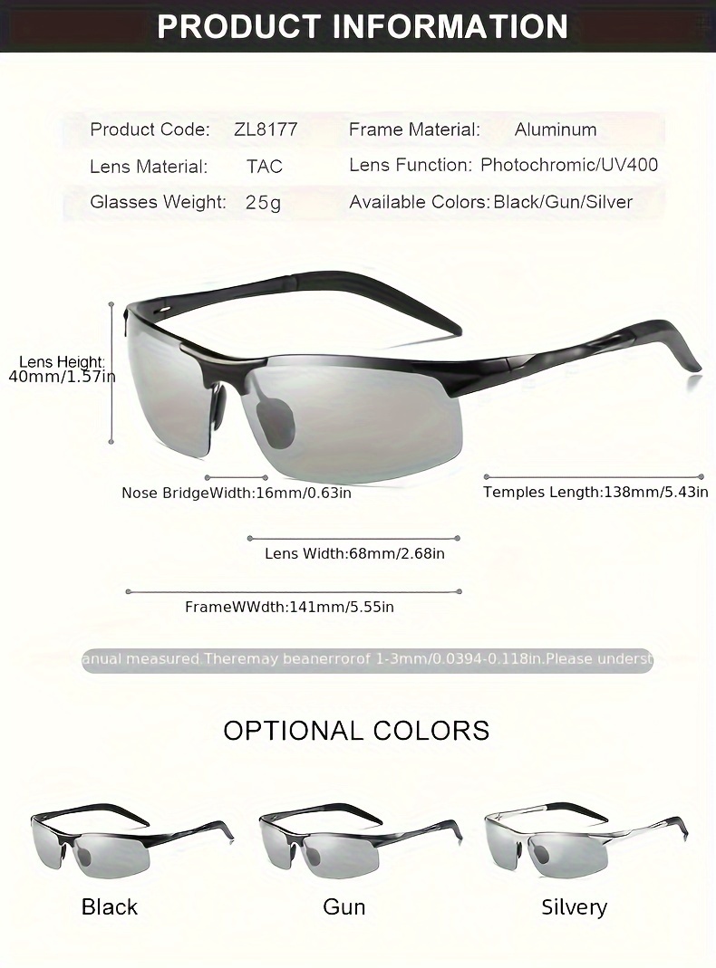 8177BS Muške Fotoosetljive Naočare sa Aluminijumskim Ramom i Sočivima za Vožnju, Uključujući Kartonsku Kutiju, Kožnu Futrolu, Krpicu za Čišćenje, Torbicu, Klip, Neklizajući Prsten i Karticu za Testiranje