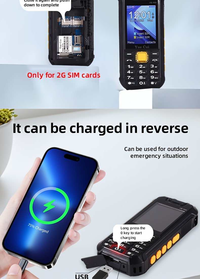 Telefon sa 2G mrežom i ultra-dugim trajanjem baterije, podržava osvetljenje/minijaturni ventilator/punjenje/rezervni telefon, prenosivi mobilni telefon za hitne slučajeve na otvorenom, telefon za kampovanje, dizajn velikog zvučnika, jak zvuk, dug vremenski period mirovanja, pogodan za aktivnosti na otvorenom