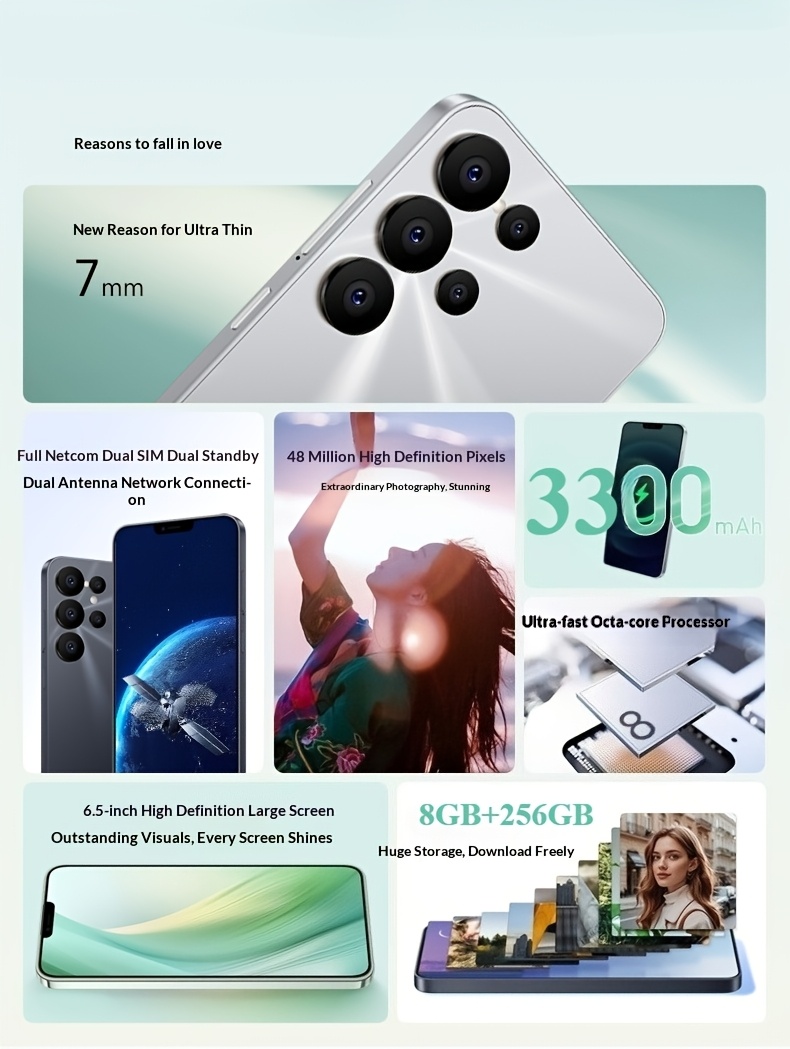 Novi Android Smartphone sa Sistemom Dve Kamere (13MP + 48MP) i Velikim Prostorom za Skladištenje | Ekran od 6.5 inča, 5G, USB Type-C, Android 15, 4K Video Snimanje, Wi-Fi, Polimer Baterija - Idealan za Poklone za Odmor