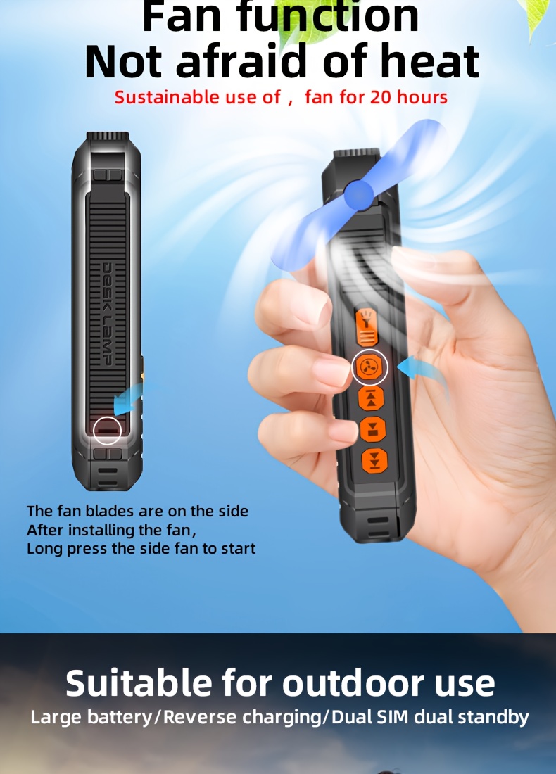 Telefon sa 2G mrežom i ultra-dugim trajanjem baterije, podržava osvetljenje/minijaturni ventilator/punjenje/rezervni telefon, prenosivi mobilni telefon za hitne slučajeve na otvorenom, telefon za kampovanje, dizajn velikog zvučnika, jak zvuk, dug vremenski period mirovanja, pogodan za aktivnosti na otvorenom