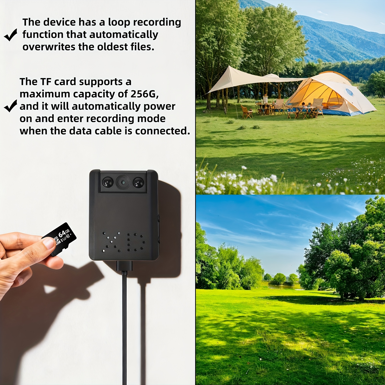 Kamera visoke definicije (Nanny kamera) sa objektivom koji se rotira 180°, 1080P sigurnosna kamera sa noćnim vidom i detekcijom pokreta, upravljanje jednim dugmetom, punjiva, pogodna za sastanke, intervjue, bezbednost, itd., ne zahteva WiFi.