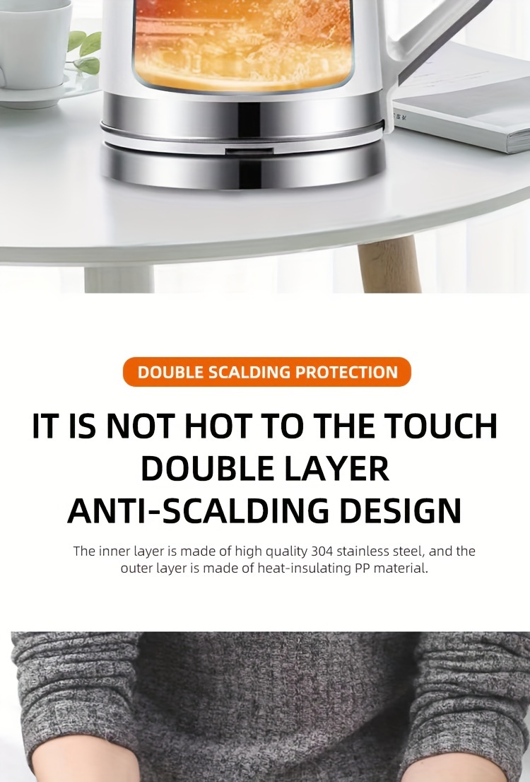 Električni čajnik od nerđajućeg čelika od 2,0L sa zaštitom od suvog kuvanja i prekidačem za pregrejavanje, brzo kuvanje 1500W, pogodan za evropski utikač (adapter nije uključen)