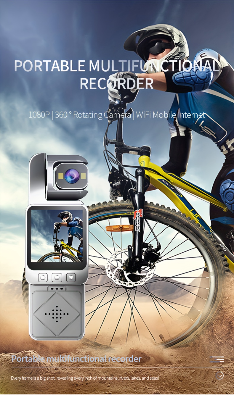 1080P Prenosiva HD Sportska Kamera sa 3.91” Rotirajućim Ekranom, 180° Rotirajućim Objektivom & Ugrađenim WiFi-om - Zadnji Klip / Gadget Nosač, 1000mAh Baterija, -Vibracija, Jednoklik Snimanje za Outdoor Akciju, Vlogovanje, Snimanje Konferencija (1080)