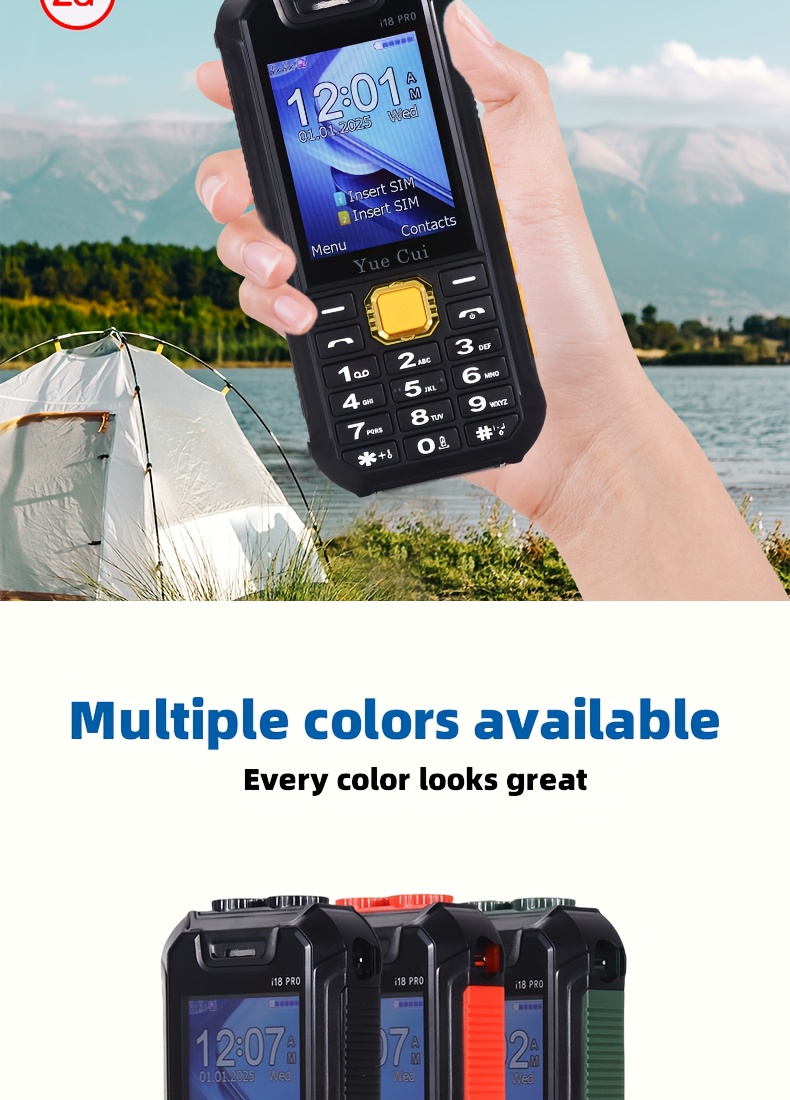 Telefon sa 2G mrežom i ultra-dugim trajanjem baterije, podržava osvetljenje/minijaturni ventilator/punjenje/rezervni telefon, prenosivi mobilni telefon za hitne slučajeve na otvorenom, telefon za kampovanje, dizajn velikog zvučnika, jak zvuk, dug vremenski period mirovanja, pogodan za aktivnosti na otvorenom