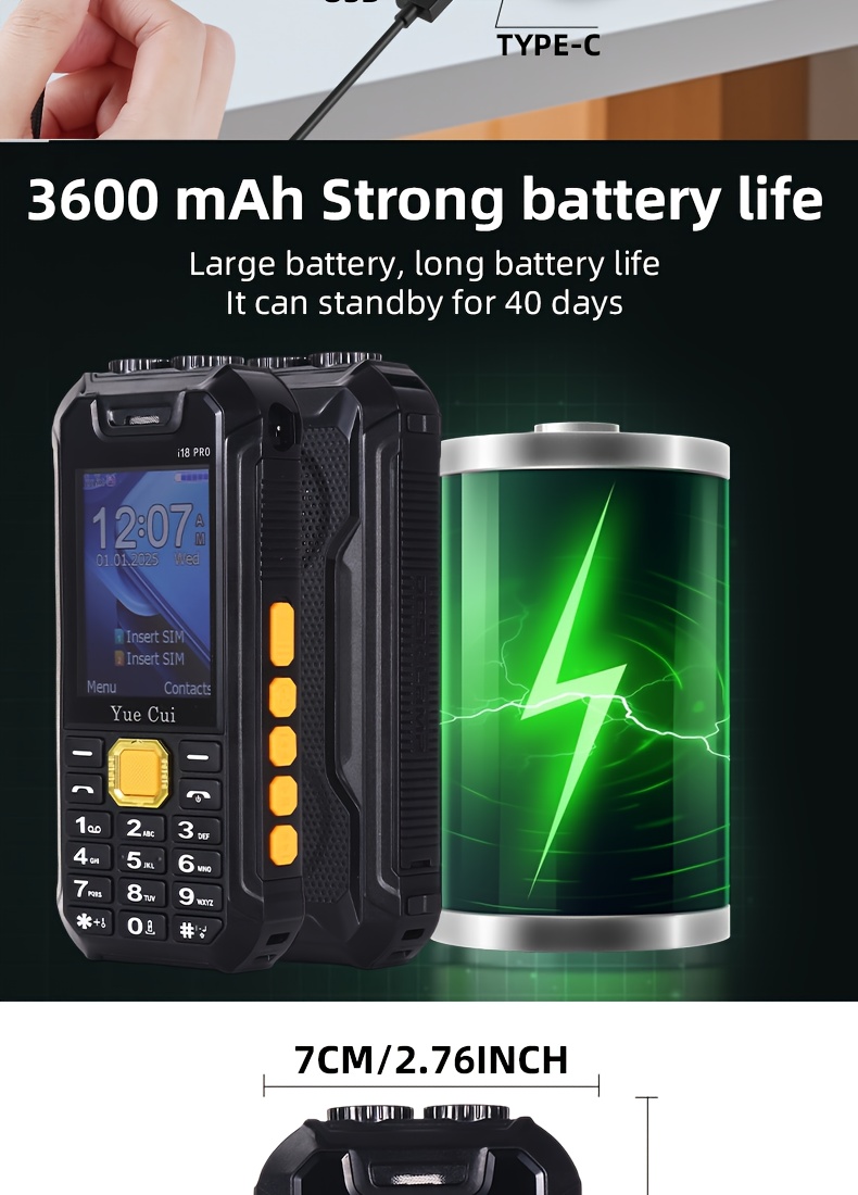 Telefon sa 2G mrežom i ultra-dugim trajanjem baterije, podržava osvetljenje/minijaturni ventilator/punjenje/rezervni telefon, prenosivi mobilni telefon za hitne slučajeve na otvorenom, telefon za kampovanje, dizajn velikog zvučnika, jak zvuk, dug vremenski period mirovanja, pogodan za aktivnosti na otvorenom