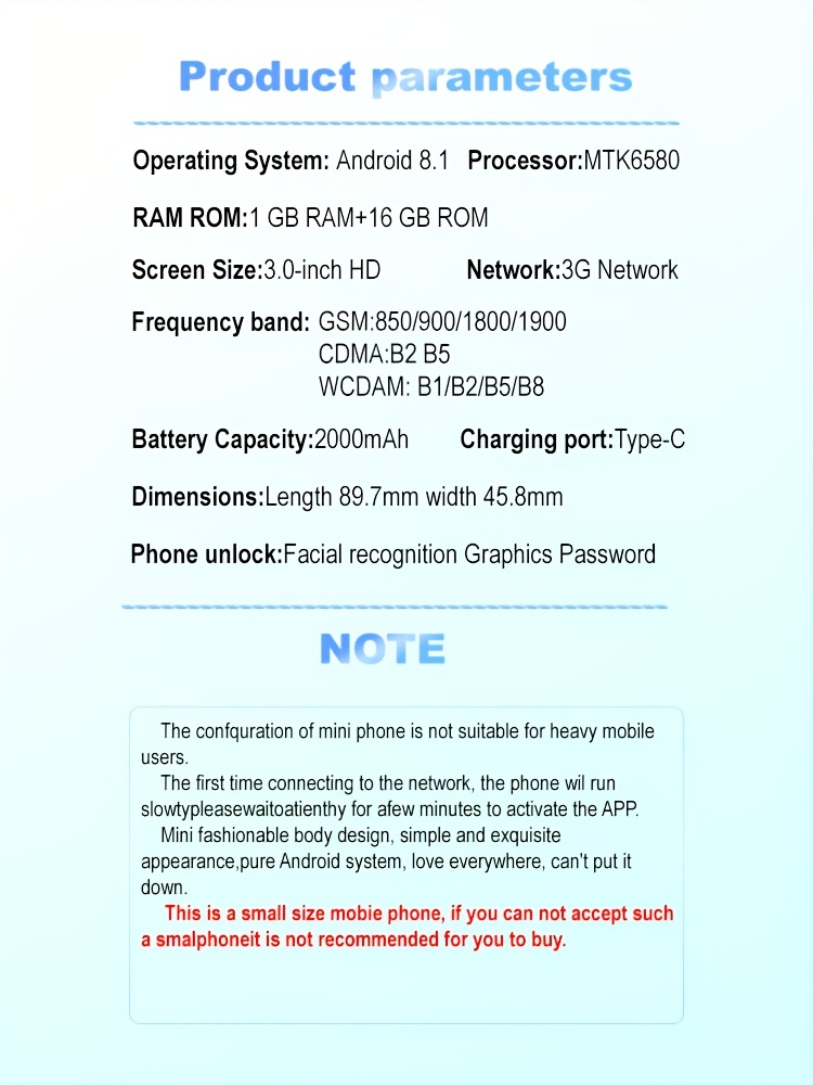 Veliki baterijski mini pametni telefon 3G telefon 3.0-inčni HD ekran 2000mAh veliki kapacitet baterije 1GB RAM 16GB ROM ulazni mali telefon kompaktni i prenosivi sa dva SIM kartice u stanju spavanja više kompatibilnih aplikacija Play Store praznični poklon
