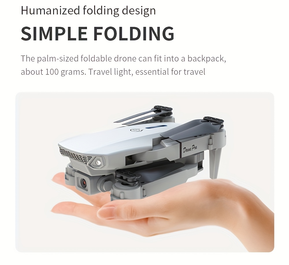 Sklopivi kvadkopter dron E88 opremljen vazdušnom kamerom, WIFI daljinskim upravljačem, USB punjenjem, optičkim pozicioniranjem i održavanjem visine. Ima funkcije jednokliknog poletanja, leta po trajektoriji, 360° okreta i jednokliknog sletanja. Pogodan za korišćenje u zatvorenom i na otvorenom