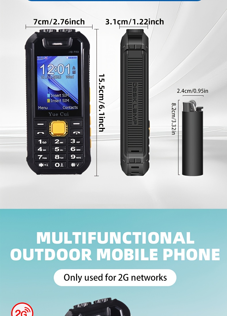 Telefon sa 2G mrežom i ultra-dugim trajanjem baterije, podržava osvetljenje/minijaturni ventilator/punjenje/rezervni telefon, prenosivi mobilni telefon za hitne slučajeve na otvorenom, telefon za kampovanje, dizajn velikog zvučnika, jak zvuk, dug vremenski period mirovanja, pogodan za aktivnosti na otvorenom