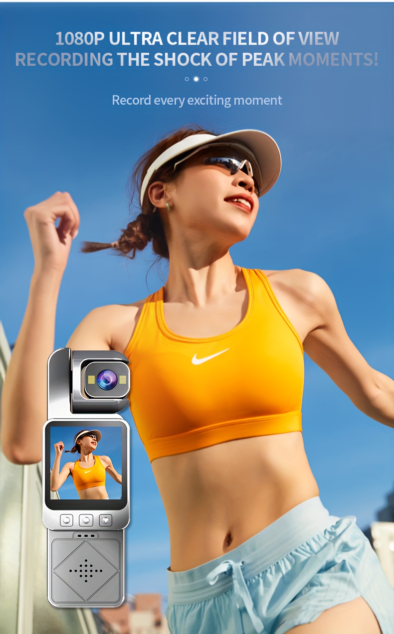 1080P Prenosiva HD Sportska Kamera sa 3.91” Rotirajućim Ekranom, 180° Rotirajućim Objektivom & Ugrađenim WiFi-om - Zadnji Klip / Gadget Nosač, 1000mAh Baterija, -Vibracija, Jednoklik Snimanje za Outdoor Akciju, Vlogovanje, Snimanje Konferencija (1080)