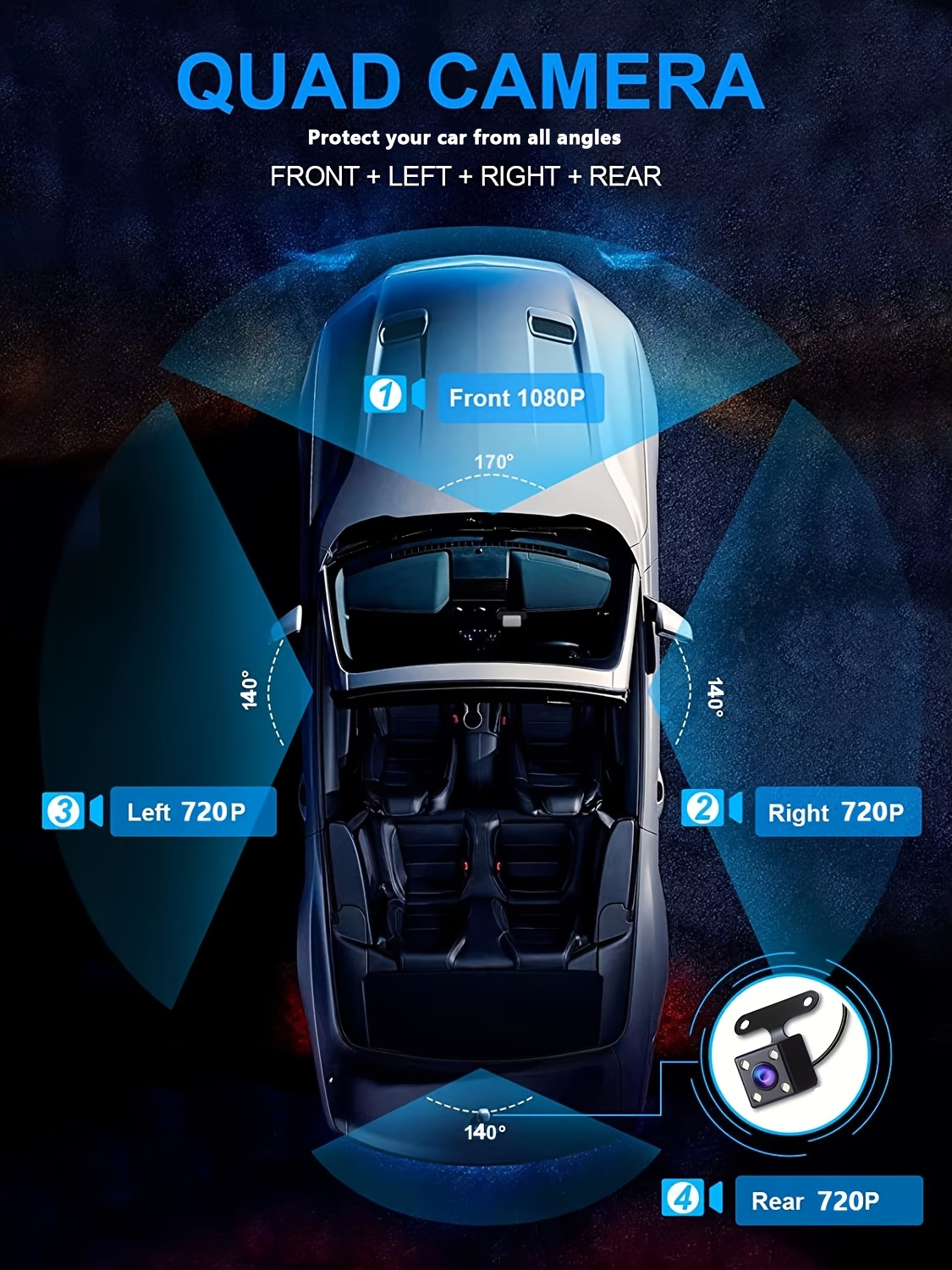 Četvorokanalna kamera za auto, montira se na instrument tablu sa 1080P prednjim i 720P bočnim i zadnjim pogledom - Ima LED ekran, upravljanje na dodir, punjivu litijumsku bateriju, kontinuirani nadzor parkiranja i sistem kamere za rikverc