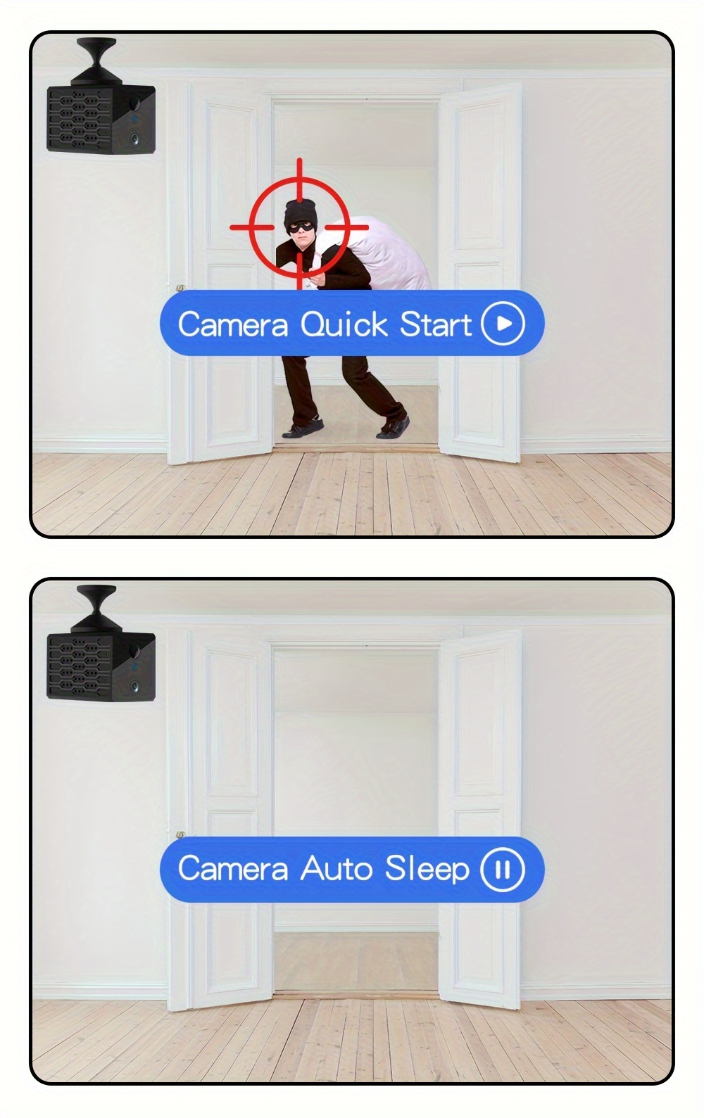Mini kamera sa baterijom niske potrošnje | Ultra-dugo stanje pripravnosti, WiFi daljinski upravljač, PIR detekcija ljudi, Nadzor visoke definicije, Ugrađena litijumska baterija za 1-90 dana, Daljinski nadzor, Dvosmerni glas, Infracrvena noćna vizija, Detekcija pokreta, Push obaveštenja putem aplikacije