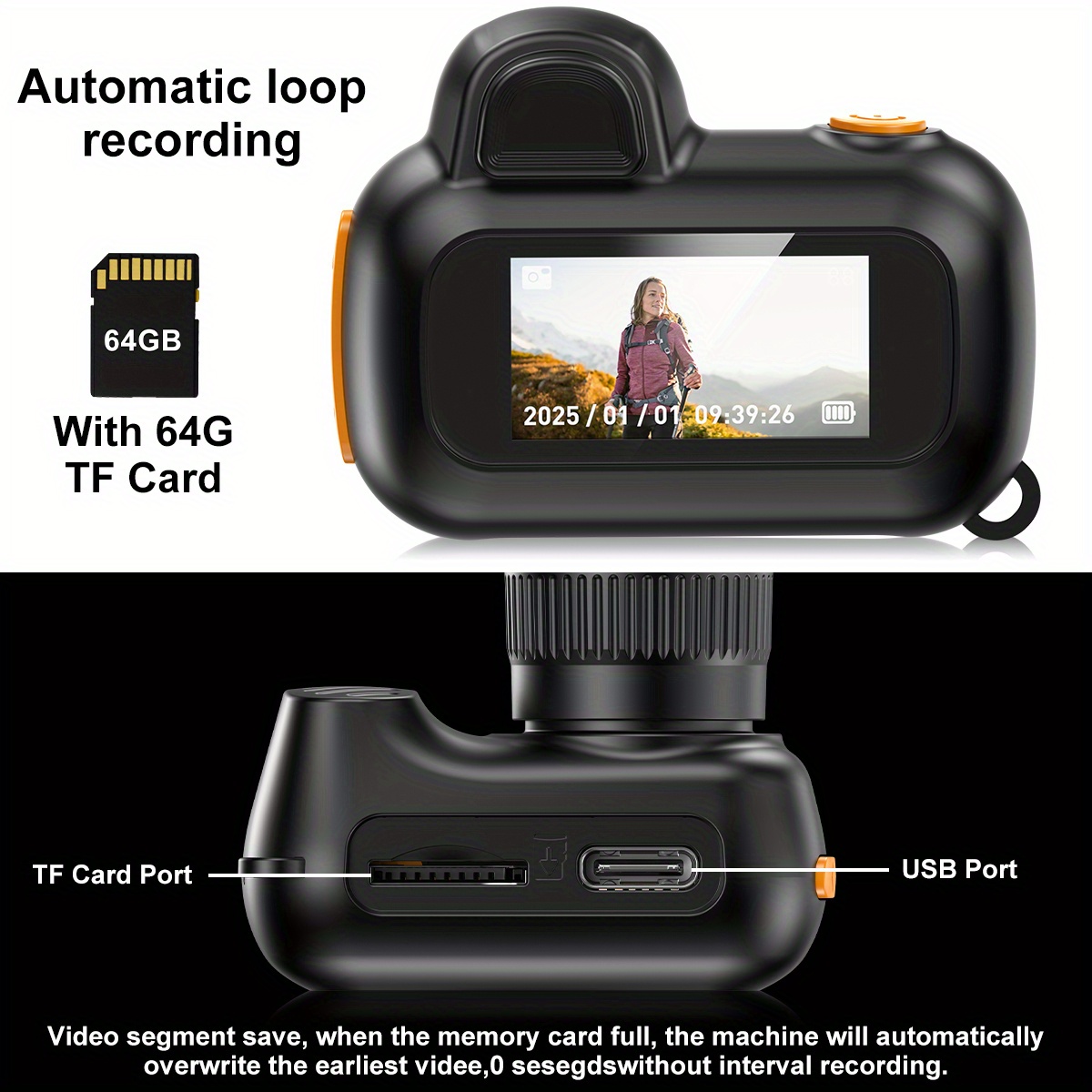 Kompaktni 1080P HD Video Rekorder - Digitalni Kamera u Obliku Privezka sa 64GB Memorijskom Karticom, 0.96-Inčnim HD Ekranom, Produženim Vek Trajanja Baterije i Ultra-Prenosivim Dizajnom, Idealan za Putovanja, Vlogovanje i Noćnu Fotografiju (Crna)