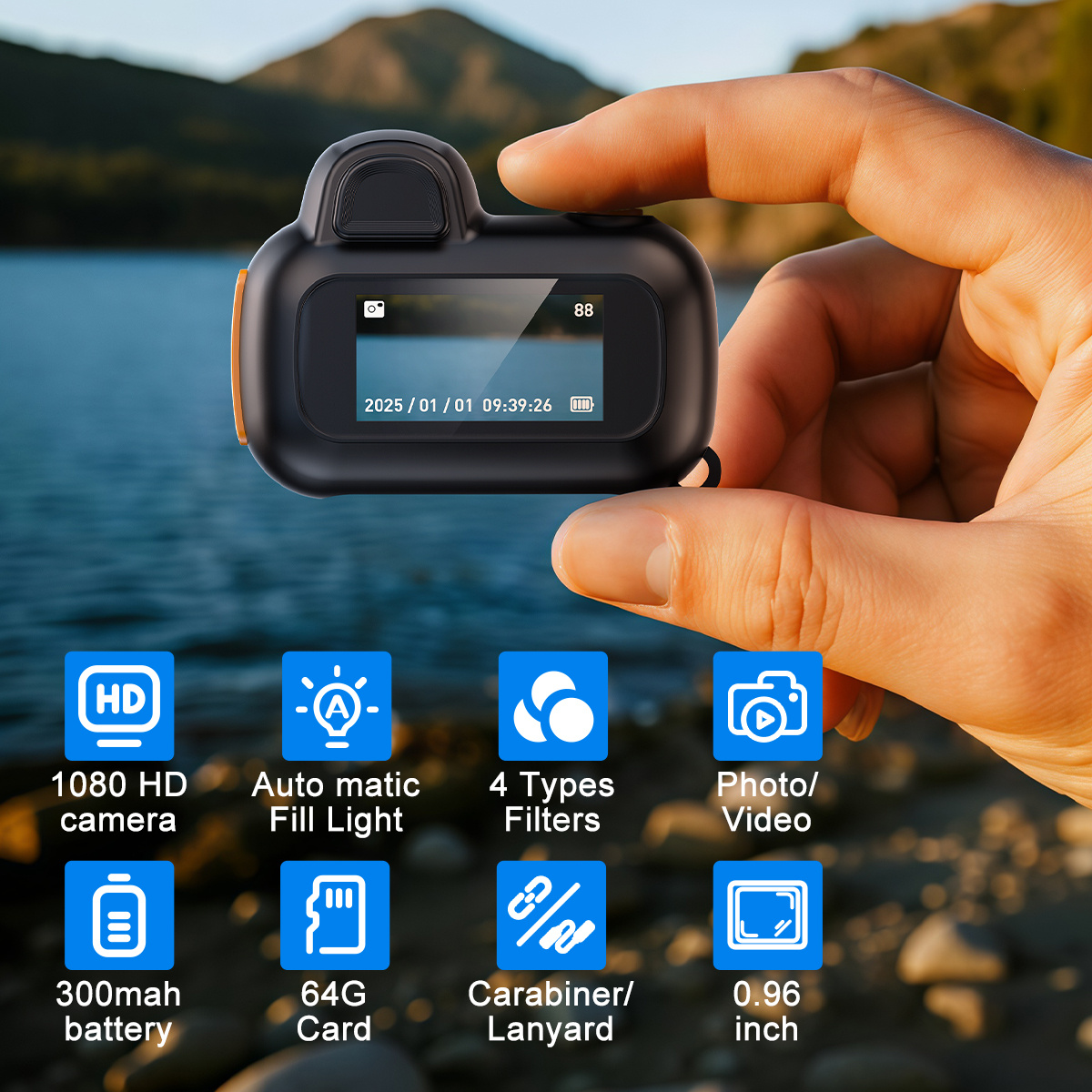 Kompaktni 1080P HD Video Rekorder - Digitalni Kamera u Obliku Privezka sa 64GB Memorijskom Karticom, 0.96-Inčnim HD Ekranom, Produženim Vek Trajanja Baterije i Ultra-Prenosivim Dizajnom, Idealan za Putovanja, Vlogovanje i Noćnu Fotografiju (Crna)