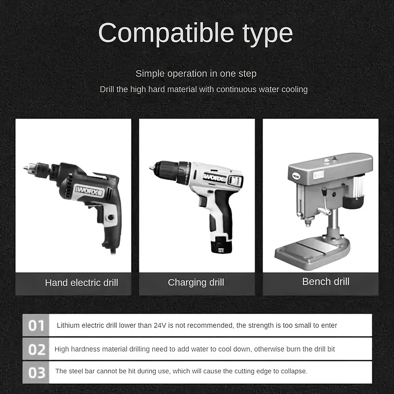 Set od 7 ekscentričnih burgija sa četiri zuba, napravljenih od tvrde legure, visoko efikasnih i otpornih na habanje, pogodan za suvo bušenje pločica, keramike, stakla, mermera, betona i legura nerđajućeg čelika.