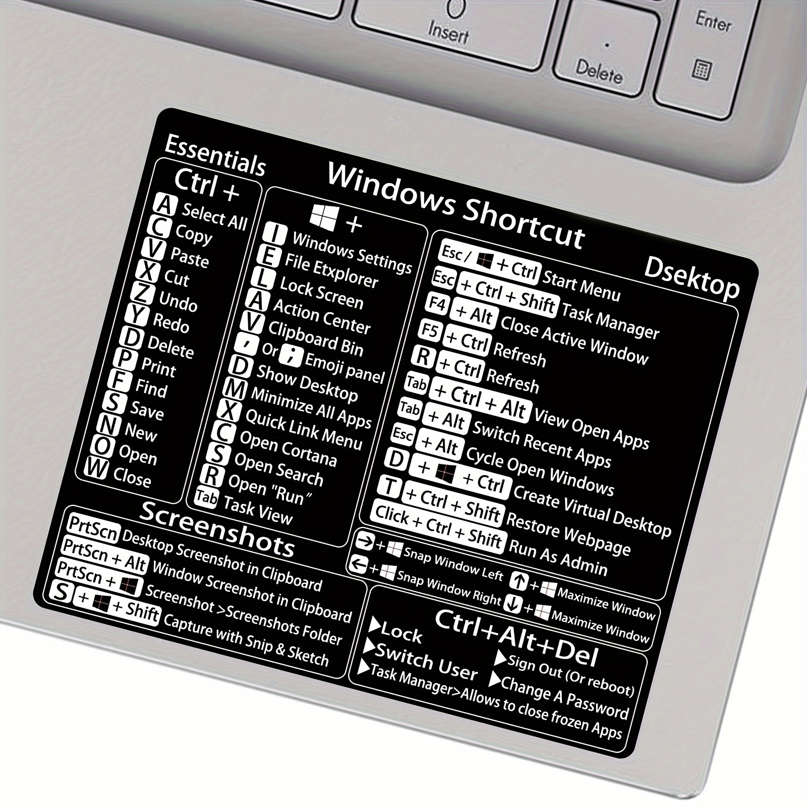 Vinilna nalepnica sa Windows tipkovničkim prečicama - Dekoracija za desktop računare i laptopove, dizajnirana u crnoj boji, napravljena od izdržljivog uklonjivog lepljiva materijala za organizaciju, nalepnice za laptop.