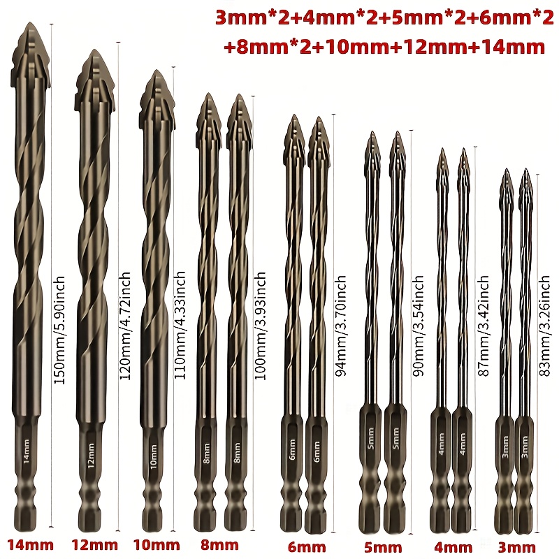 Set od 13 tvrdih burgija sa četvorostranim nazubljenim dizajnom i pravim otvorom, idealne za precizno bušenje keramike, stakla, mermera, betona, kamena i drveta