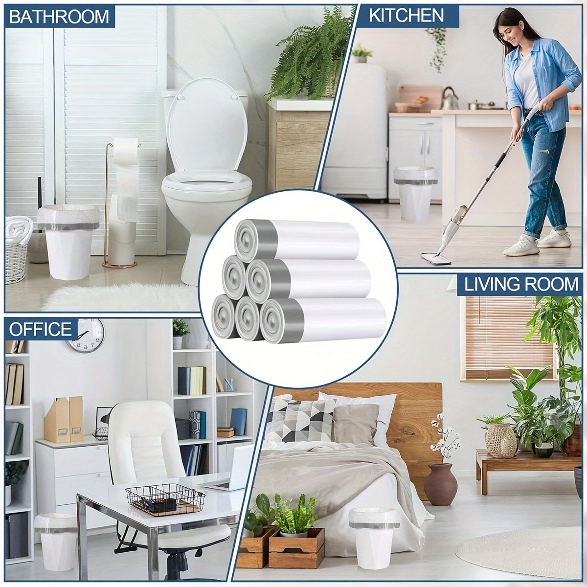 500 komada / 5 rolni debelih, velikih prenosivih kesa za smeće sa učkurom, bele podloge za kuhinjske i kupatilske kante za otpatke, pogodne za kante za smeće od 15,14 litara u kućama, kancelarijama, spavaćim sobama i trpezarijama, jednokratne kese za smeće