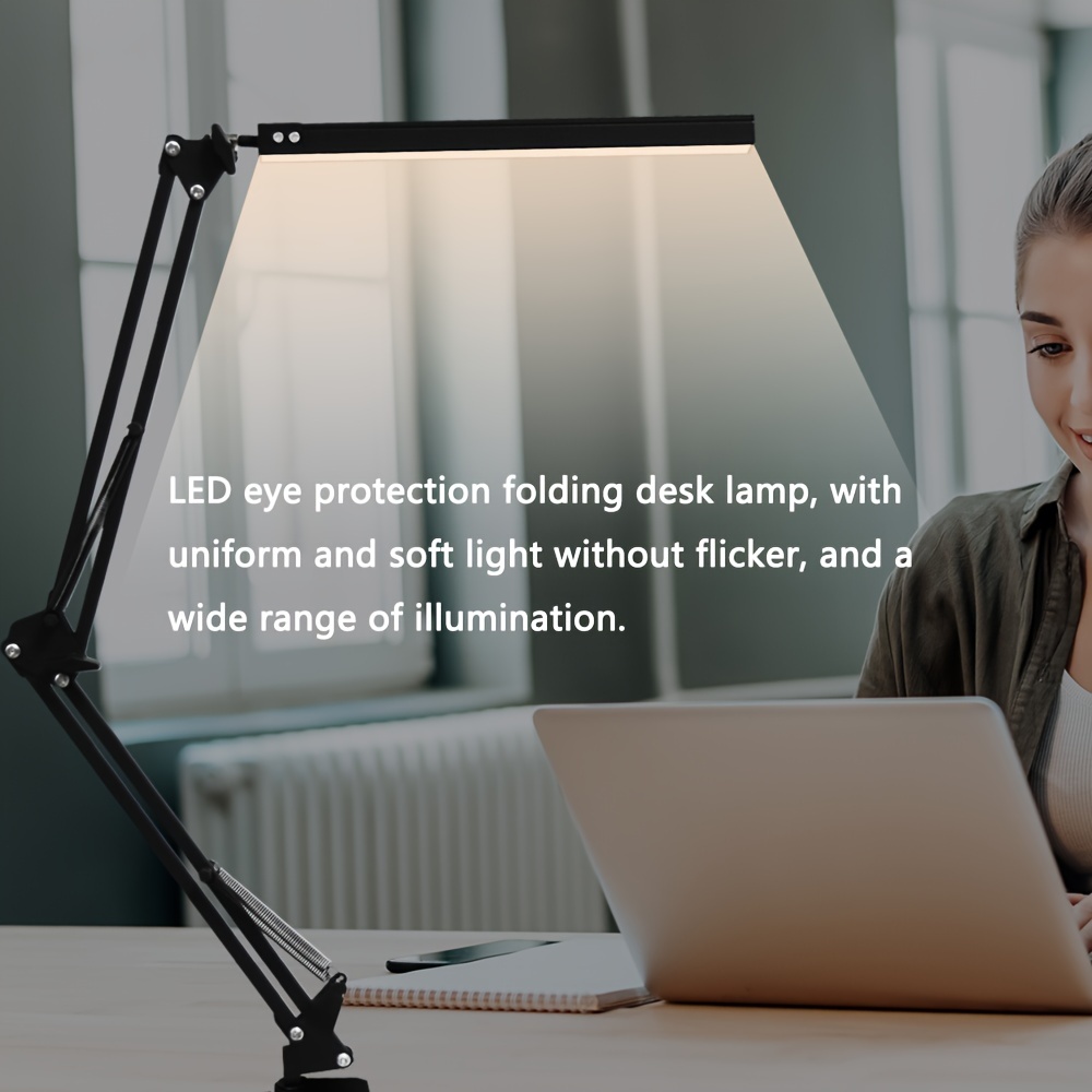 LED stona lampa sa USB napajanjem, dizajnirana za upotrebu u kancelariji, sa zaštitom za oči, podesivom metalnom zakretnom rukom i mogućnostima studija osvetljenja. Nudi tri podešavanja boje i deset nivoa osvetljenosti, što je čini idealnom za čitanje i učenje.