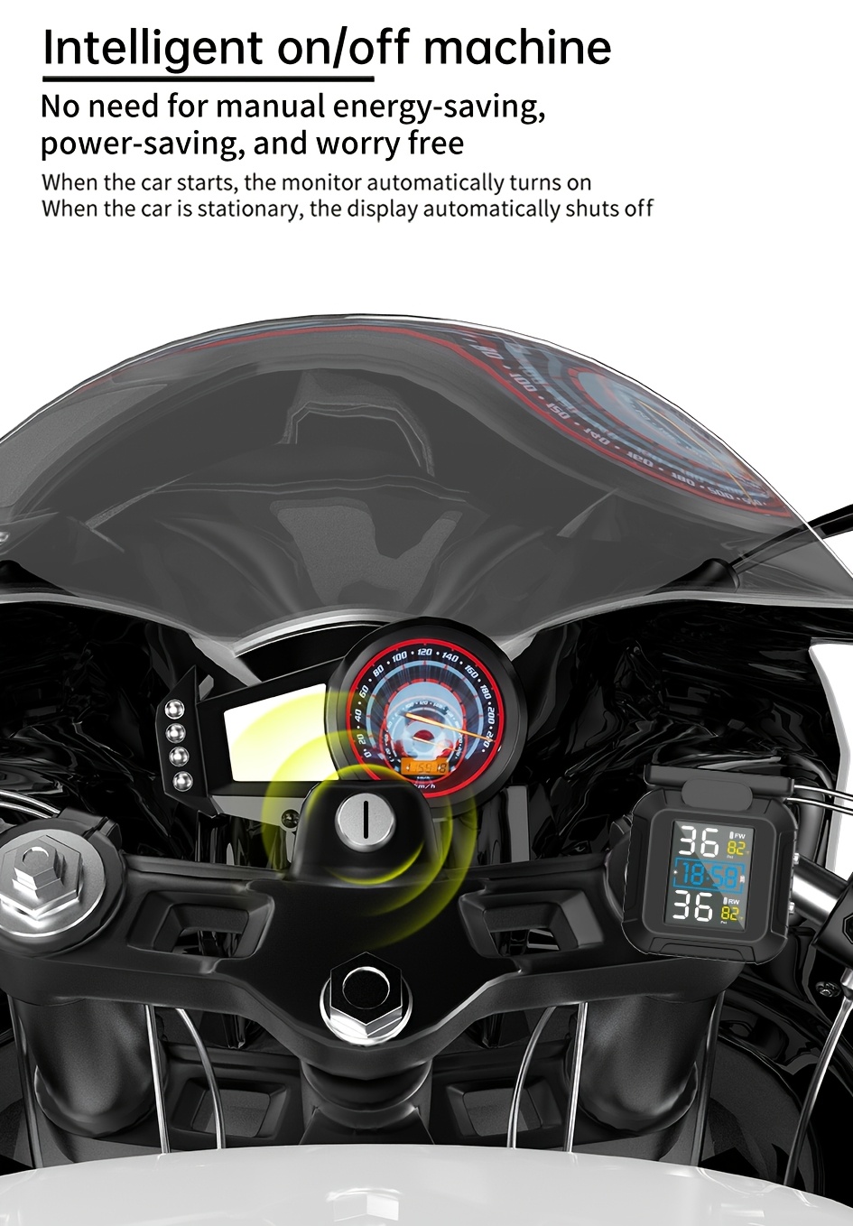 Sistem za praćenje pritiska u gumama motocikla TPMS sa solarnim i magnetnim punjenjem, satom, LCD displejem, 2 spoljna senzora, merilom pritiska u gumama u realnom vremenu