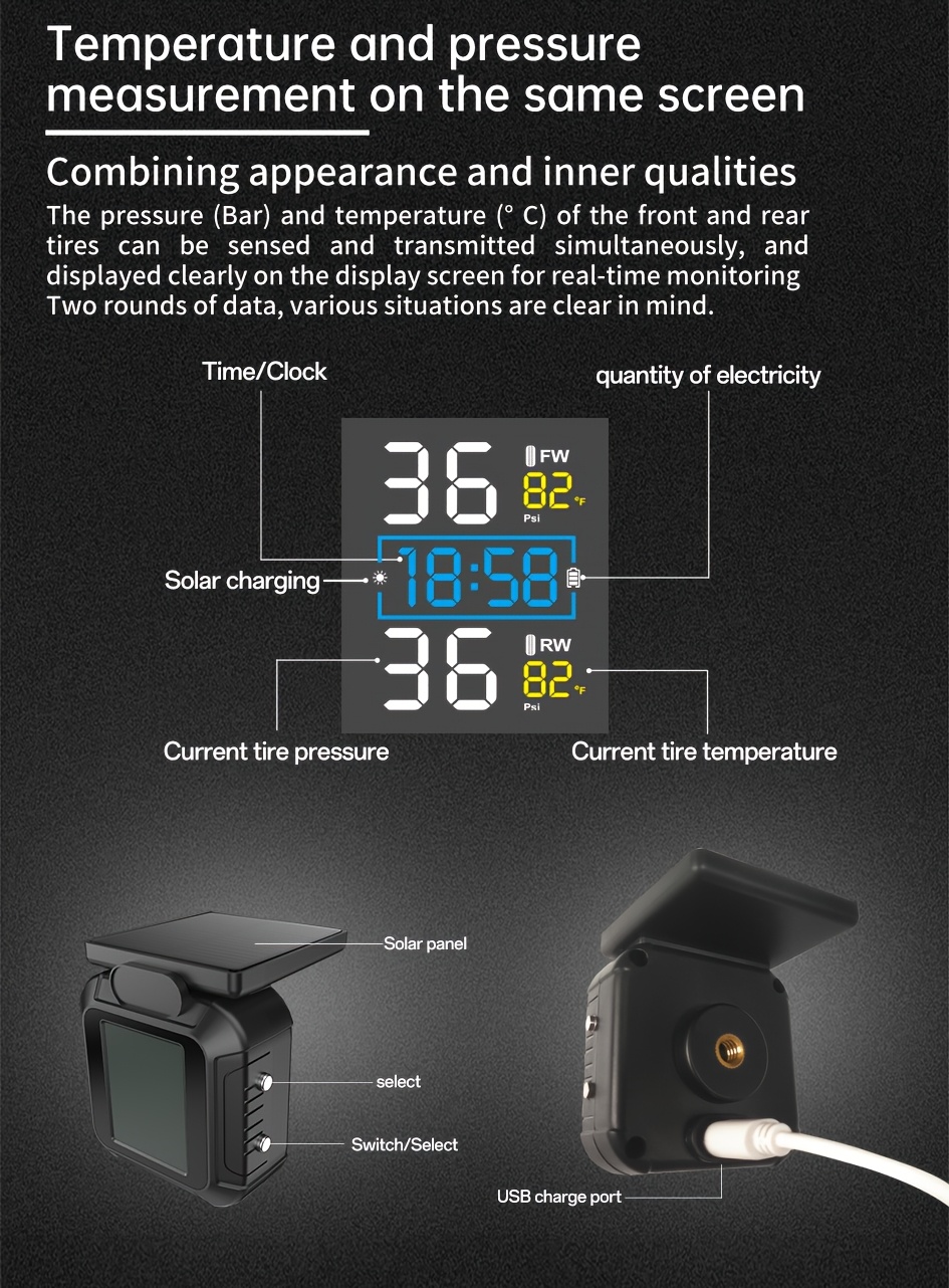 Sistem za praćenje pritiska u gumama motocikla TPMS sa solarnim i magnetnim punjenjem, satom, LCD displejem, 2 spoljna senzora, merilom pritiska u gumama u realnom vremenu