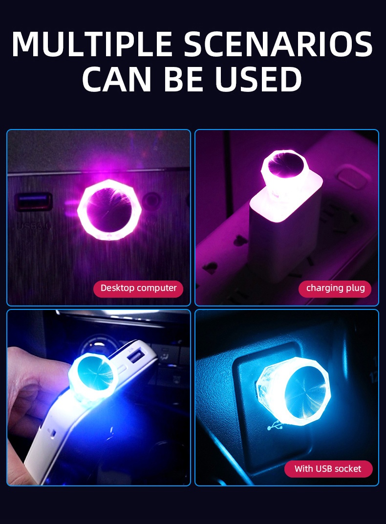 Mini USB LED Atmosferska Svetiljka za Auto, Dekorativna Svetiljka za Enterijer, Prenosiva Svetiljka za Auto, PC, Računar, Plug and Play, Super Svetla za Auto, Žurke, Sobe