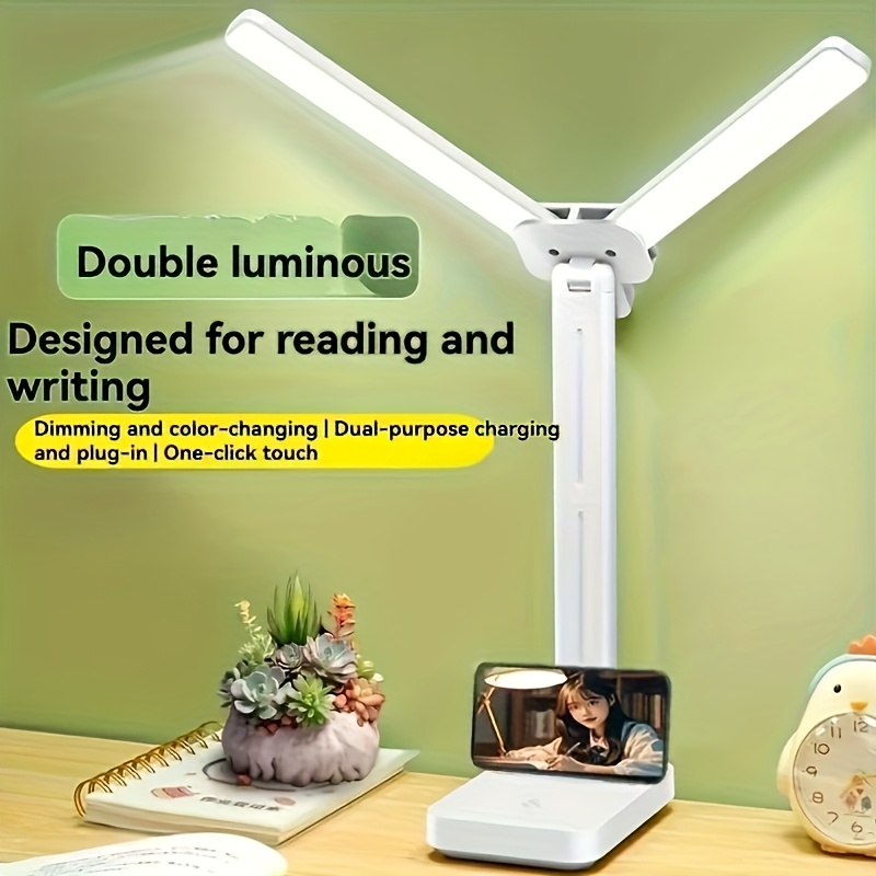 LED stona lampa sa tri boje temperature | Dvostruka glava sa kontrolom na dodir, sklopiva, USB punjenje, noćno svetlo i lampa za krevet, pogodna za učenje i kancelariju