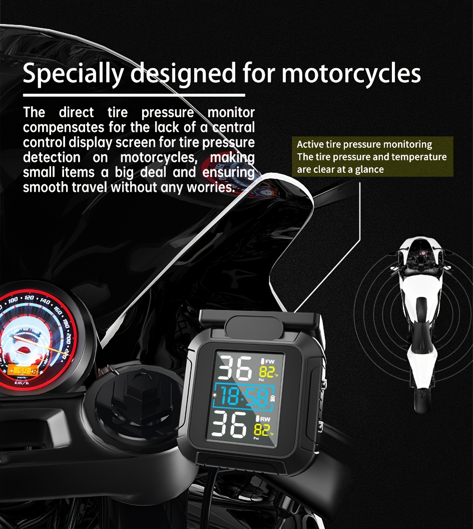 Sistem za praćenje pritiska u gumama motocikla TPMS sa solarnim i magnetnim punjenjem, satom, LCD displejem, 2 spoljna senzora, merilom pritiska u gumama u realnom vremenu