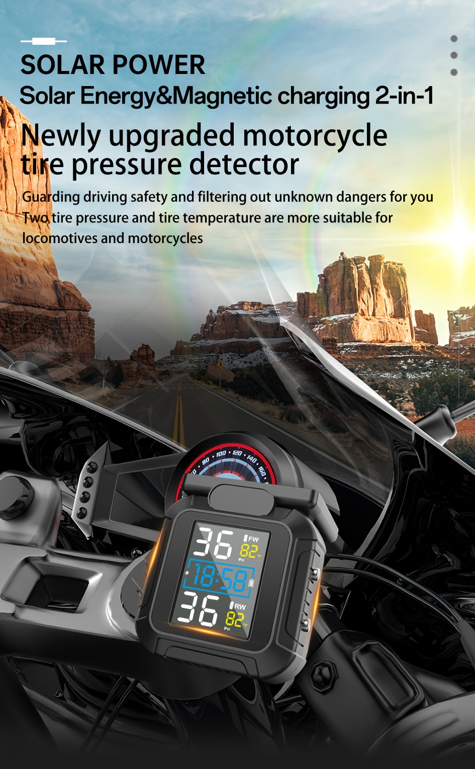 Sistem za praćenje pritiska u gumama motocikla TPMS sa solarnim i magnetnim punjenjem, satom, LCD displejem, 2 spoljna senzora, merilom pritiska u gumama u realnom vremenu