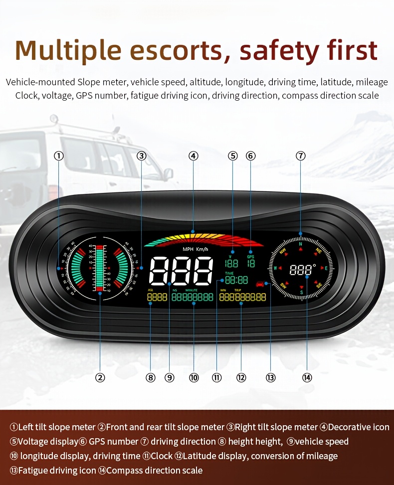 Novi automobilski elektronski kompas GPS Head-Up HUD displej, upozorenje na umor, brzinomjer, visinomjer, satelitsko pozicioniranje, kompas višefunkcionalni digitalni precizni displej, potpuno automatski satelitski signalni podaci, kul off-road modifikacija