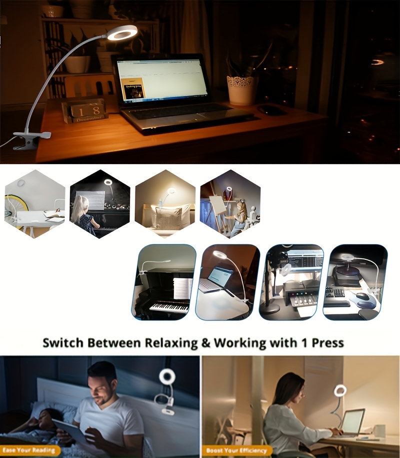 1 kom USB - Fleksibilna stona lampa sa gipkim ramenom i stezaljkom, podesiva lampa za radni sto, USB - lampa sa stezaljkom, zaštita za oči, za računar, čitanje, noćni ormarić, kompaktna LED lampa koja štedi prostor (3 opcije temperature boje, 10 glatkih podešavanja osvetljenja)