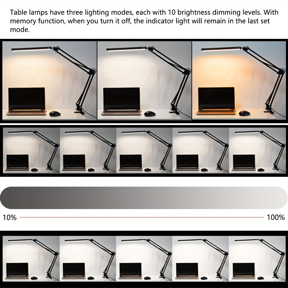 LED stona lampa sa USB napajanjem, dizajnirana za upotrebu u kancelariji, sa zaštitom za oči, podesivom metalnom zakretnom rukom i mogućnostima studija osvetljenja. Nudi tri podešavanja boje i deset nivoa osvetljenosti, što je čini idealnom za čitanje i učenje.
