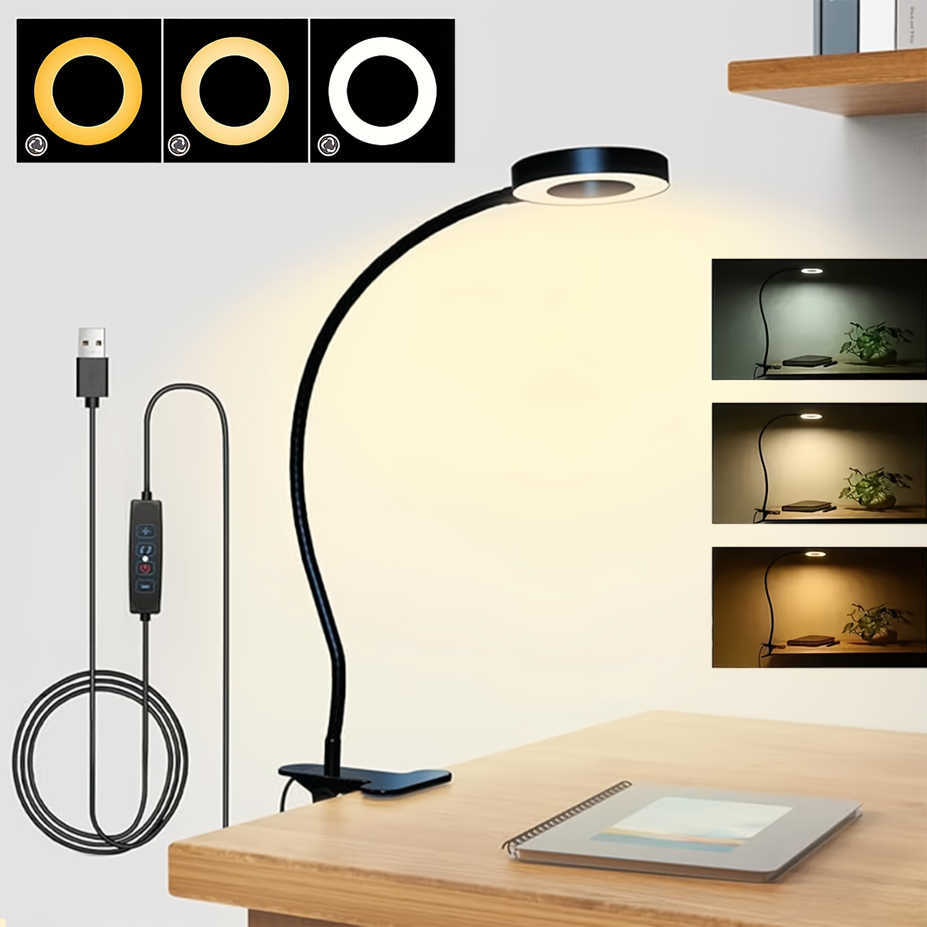 1 kom USB - Fleksibilna stona lampa sa gipkim ramenom i stezaljkom, podesiva lampa za radni sto, USB - lampa sa stezaljkom, zaštita za oči, za računar, čitanje, noćni ormarić, kompaktna LED lampa koja štedi prostor (3 opcije temperature boje, 10 glatkih podešavanja osvetljenja)