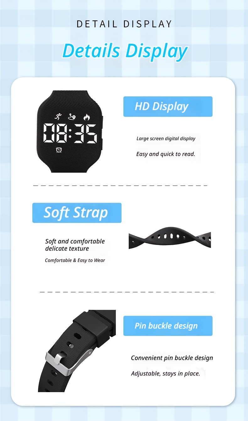 Najnoviji kvadratni multifunkcionalni sportski sat 2026, lagani dizajn, produženi vek baterije, USB punjenje, brojač koraka, vibracioni alarm, praćenje kalorija, merenje udaljenosti, idealan za outdoor sportove i biciklizam