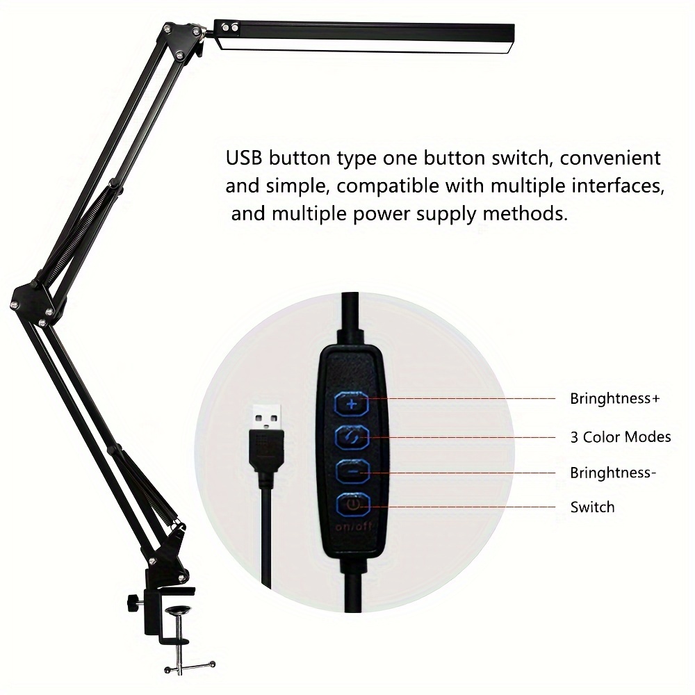 LED stona lampa sa USB napajanjem, dizajnirana za upotrebu u kancelariji, sa zaštitom za oči, podesivom metalnom zakretnom rukom i mogućnostima studija osvetljenja. Nudi tri podešavanja boje i deset nivoa osvetljenosti, što je čini idealnom za čitanje i učenje.