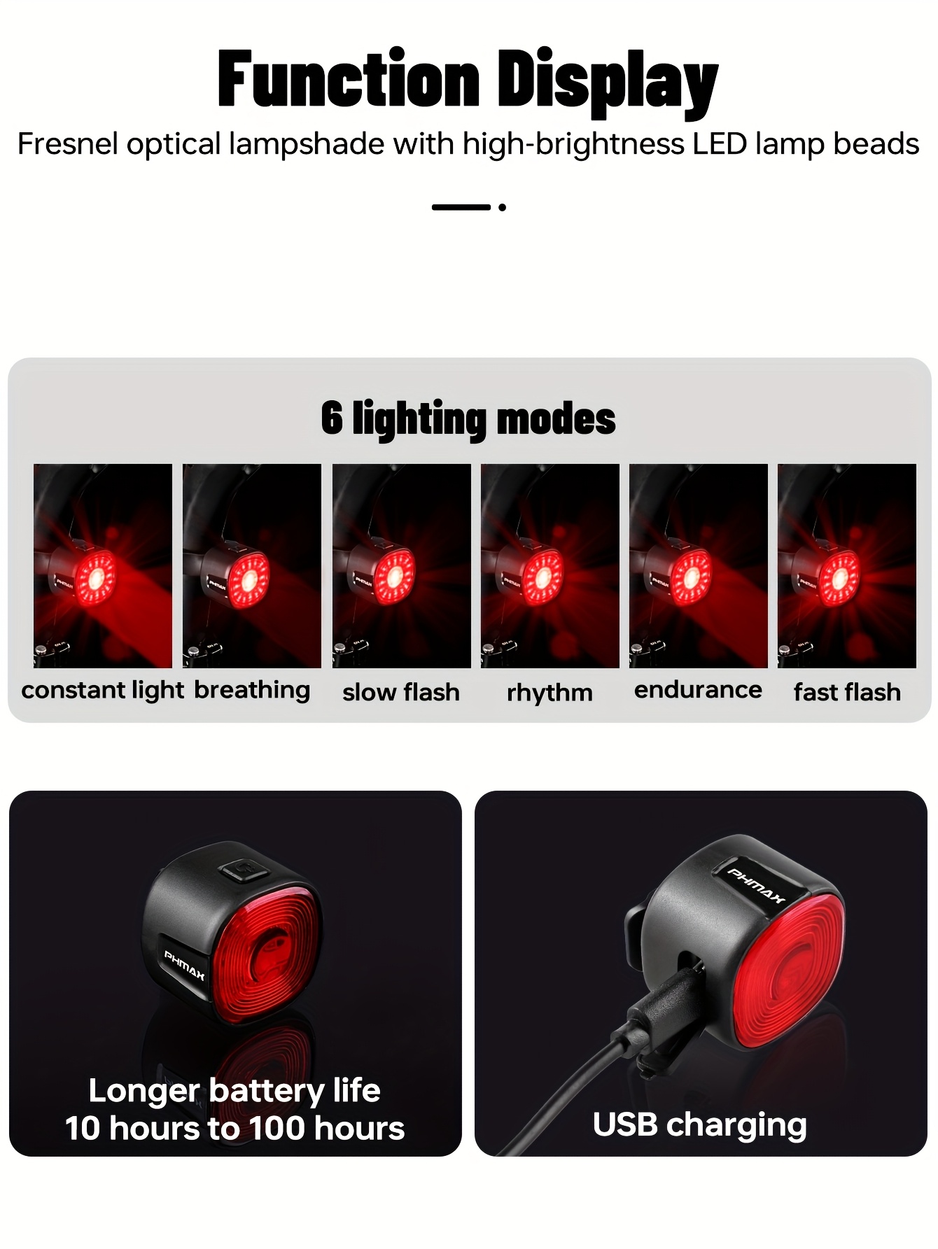 PHMAX Biciklističko zadnje svetlo IP66 vodootporno, punjivo sa 6 modova i dvostrukim nosačem za jednostavnu montažu