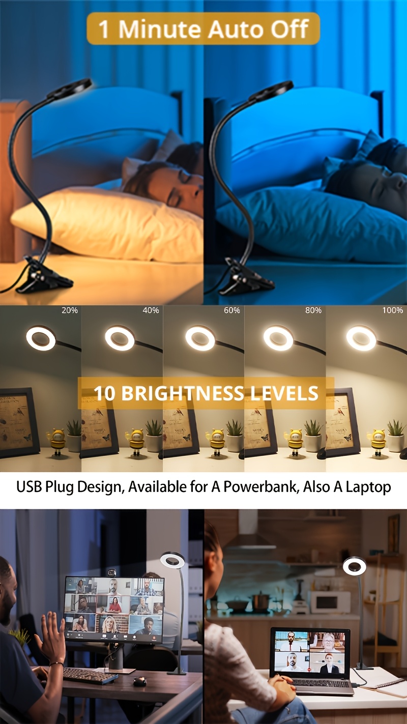 1 kom USB - Fleksibilna stona lampa sa gipkim ramenom i stezaljkom, podesiva lampa za radni sto, USB - lampa sa stezaljkom, zaštita za oči, za računar, čitanje, noćni ormarić, kompaktna LED lampa koja štedi prostor (3 opcije temperature boje, 10 glatkih podešavanja osvetljenja)
