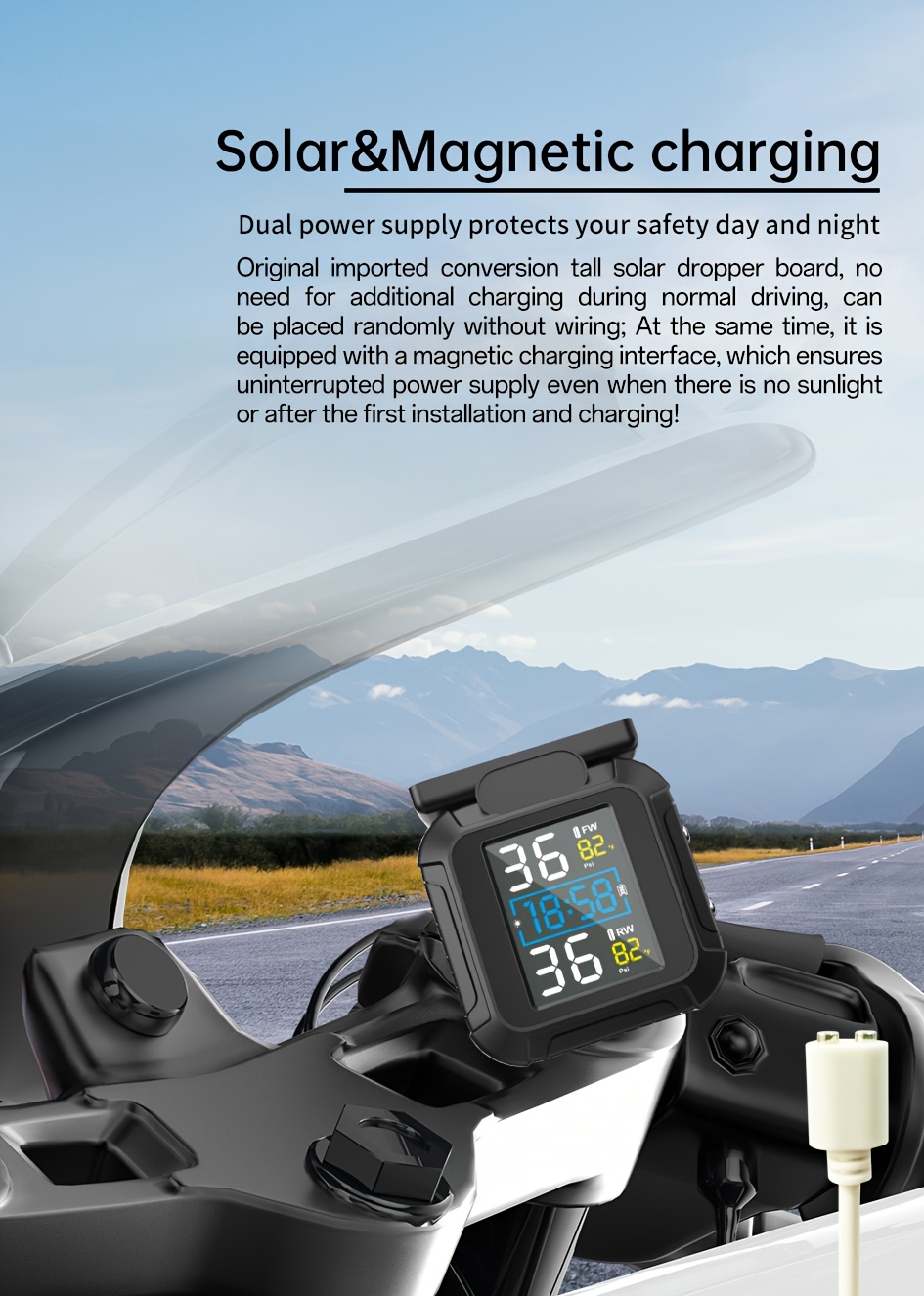 Sistem za praćenje pritiska u gumama motocikla TPMS sa solarnim i magnetnim punjenjem, satom, LCD displejem, 2 spoljna senzora, merilom pritiska u gumama u realnom vremenu