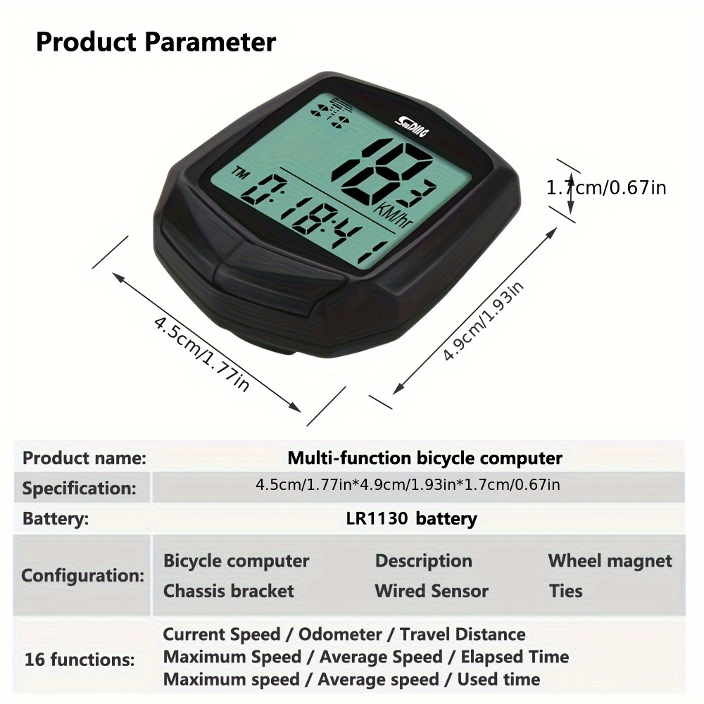 Žičani Biciklistički Kompjuter sa Brojačem | Digitalni Brojač Brzine za Bicikl, LCD Ekran, Brzinomer za Vožnju, ABS, Napajanje na Baterije, Dugmasta Baterija koja se Ne Punji, Funkcija Termometra