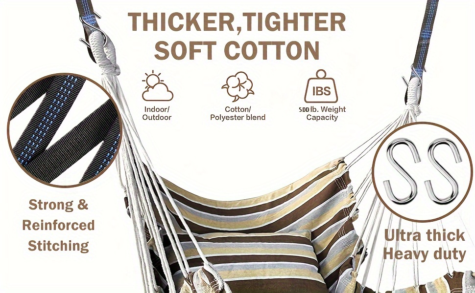 Predmeti uključeni su sljedeći: 1. Stolica za ljuljanje 2. Dva debela jastuka 3. Dva remena od 1,5 metara sa 5 petlji i 1 kopčom (Nisu niska kvaliteta remena dostupna na tržištu) 4. Dva S-kuka za penjanje 5. Platnena torba za pohranu. Molimo vas da pogledajte.