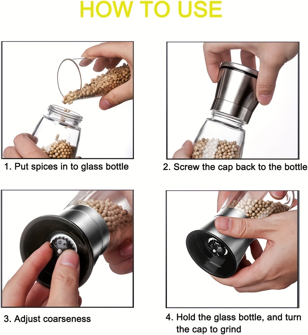2 komada Staklena Mlin za Biber | Ručni Drobilica Za Začine, Boca za Začine za Višekratnu Upotrebu za Roštilj, Piknik, Kampovanje, Kuhinjski Gadžeti, Pokloni za Dan Zaljubljenih, Nije Potrebna Struja