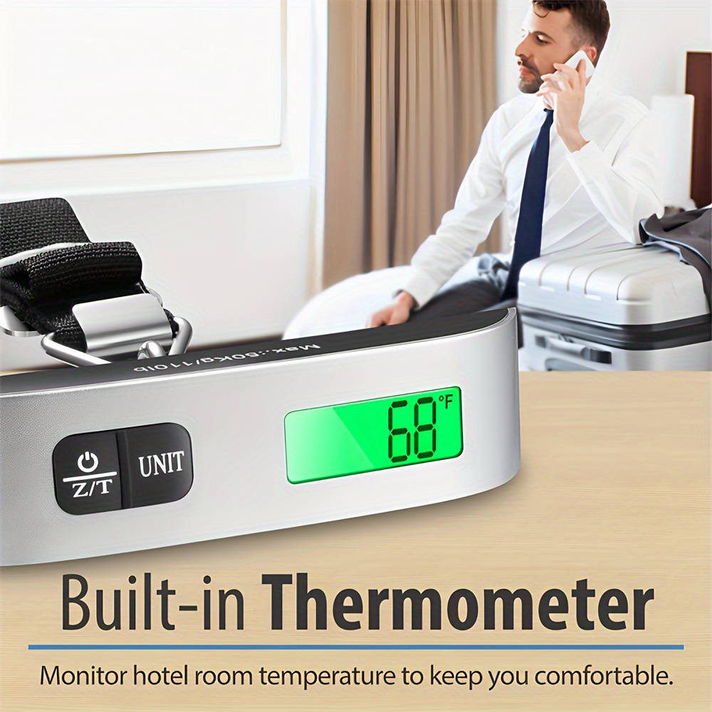 Prenosiva elektronska vaga za prtljag sa LCD pozadinskim osvetljenjem i remenom za kačenje - Visoko precizno merenje kofera, indikator niskog/preopterećenja, lagana putna vaga pogodna za putovanja, uključeno (kompatibilno za avion, voz, automobil)