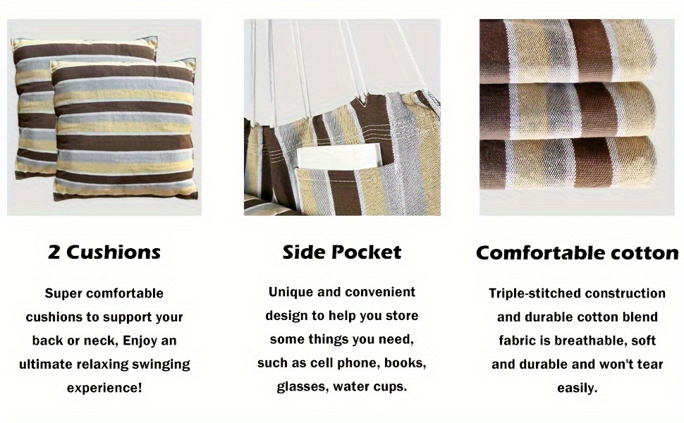 Predmeti uključeni su sljedeći: 1. Stolica za ljuljanje 2. Dva debela jastuka 3. Dva remena od 1,5 metara sa 5 petlji i 1 kopčom (Nisu niska kvaliteta remena dostupna na tržištu) 4. Dva S-kuka za penjanje 5. Platnena torba za pohranu. Molimo vas da pogledajte.