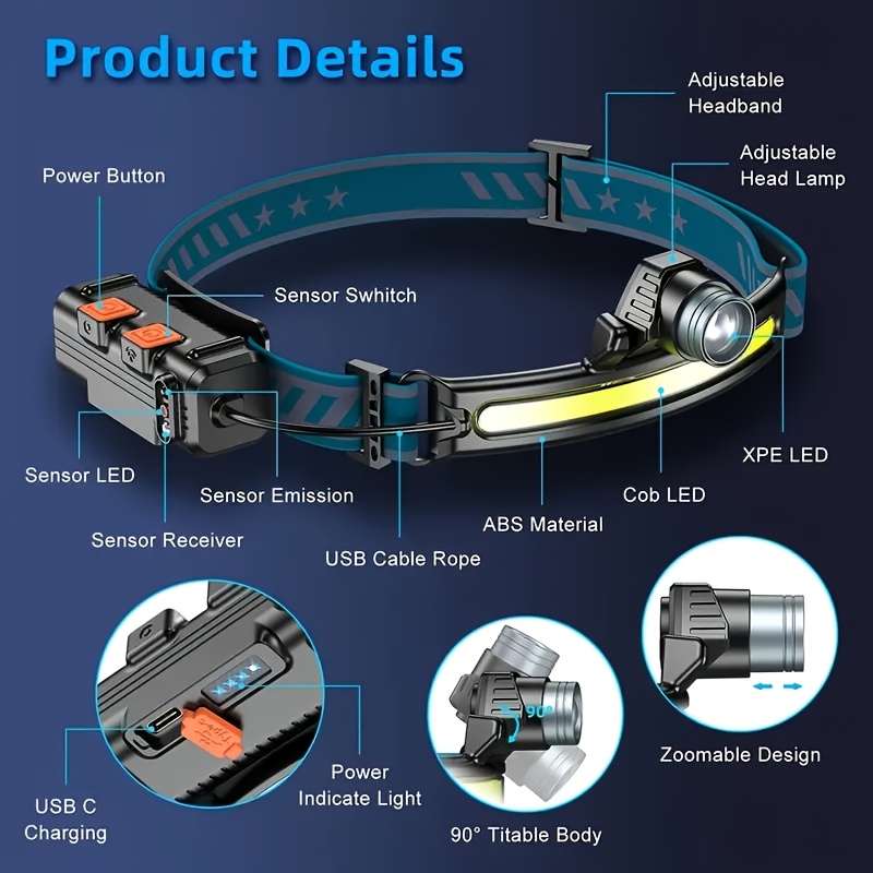 Ultra Svetla Pokretna Senzorska Čeona Lampica i Reflektor sa USB Baterijom, 6 Režima Svetla, 1200mAh, Pogodna za Radionicu, Kampovanje, Hitne Slučajeve, Ruke Slobodne Radna Lampica sa Detekcijom Pokreta za Spoljnu Upotrebu