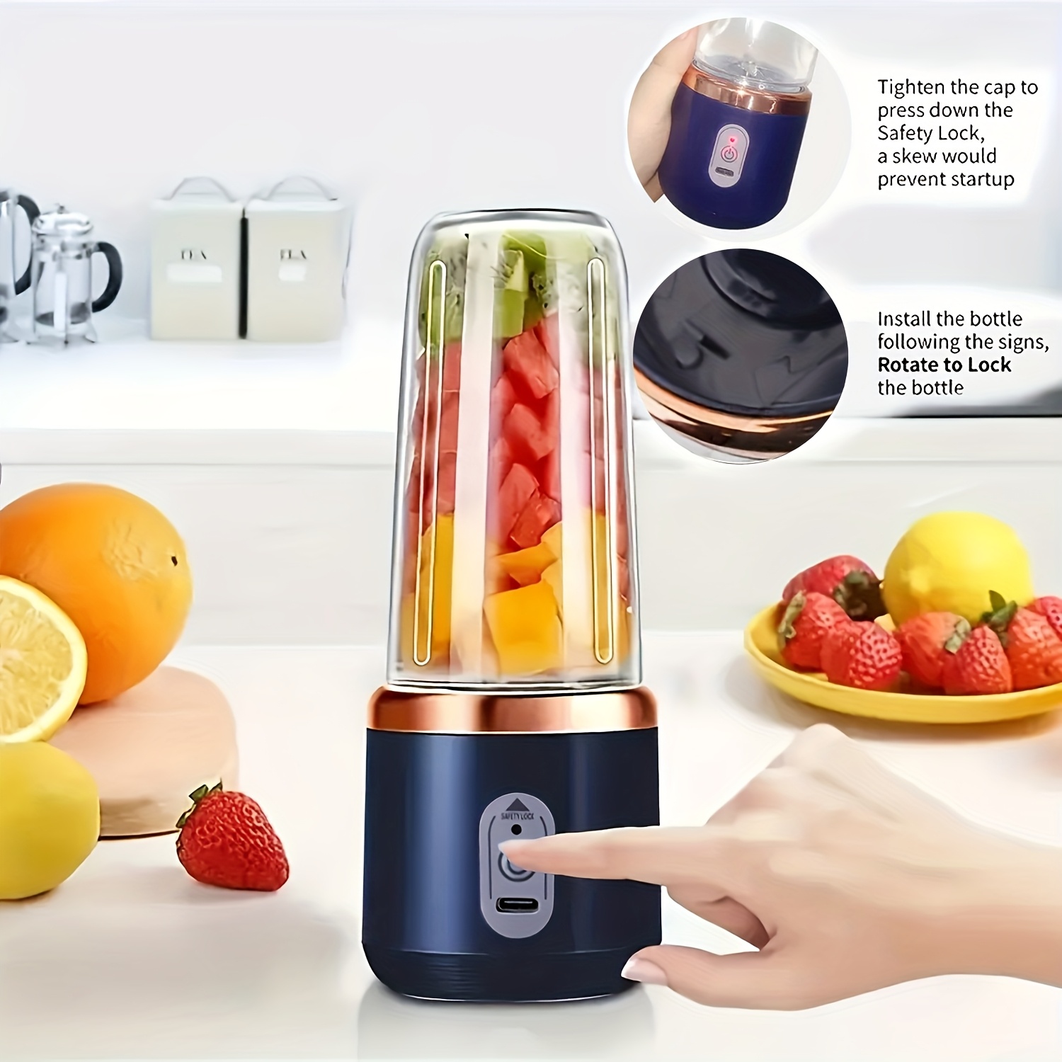 Prenosiva Mini Čaša za Blender sa Sistemom od 6 Sečiva & Zaključavanje | Aparat za Instant Smoothie sa Dve Čaše, Rad Jednim Dodirom, Punjenje, Izdržljiv Plastični/Metalni Dizajn, Sigurnosna Brava - Blender