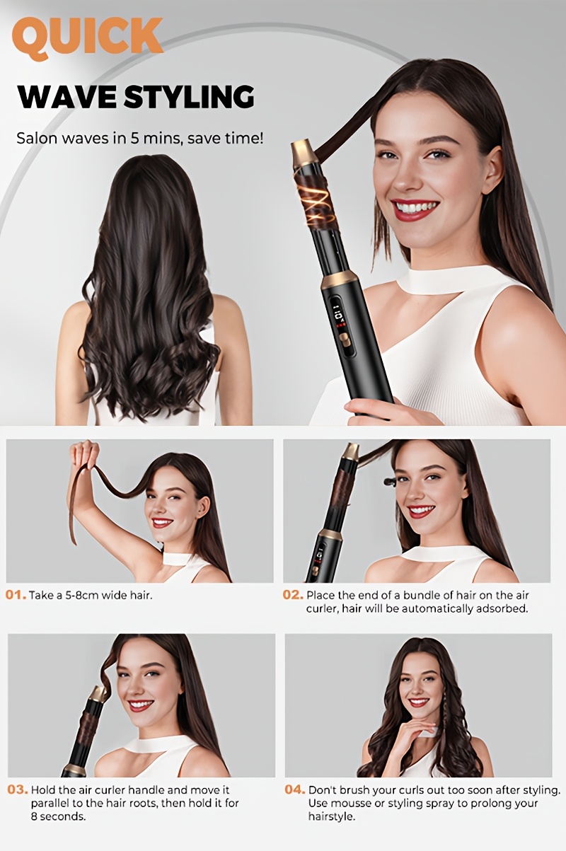 5-u-1 Stajler za Vrući Vazduh za Žene, 1000W Jonska Četka za Sušenje Kose sa LCD Ekranom, 3 Podešavanja, Uvijanje & Nastavci, Četka za Kontrolu Kovrdžanja i Feniranje