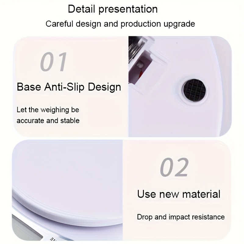 Kompaktna digitalna vaga za kućnu upotrebu, može da vagi do 5 kilograma sa preciznošću od 1 gram. Ova mala vaga za hranu ima konverziju jedinica između grama, unci i funti.